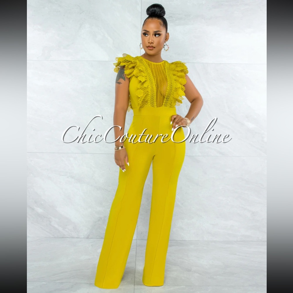 Chic Couture Caramelo Lime/Yellow Lace Sheer Top Crochet Jumpsuit